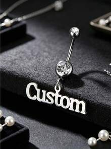 Customized Stainless Steel Name Navel Ring For Women, Crystal Round Pendant Belly Button Ring, Y2K 2000s Vintage Simple Style, Personalized Unique Gif - Silver - View 5
