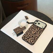 5 piezas Funda de teléfono con estampado de leopardo negro y textura + Cubierta de cargador + Protector de cable + Cuerda de almacenamiento TPU Carcasa protectora anti-caídas para teléfono Apple - Multicolor - Ver 6