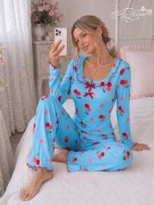 2pcs Set Pakaian Santai Wanita Kasual Motif Ceri dengan Hiasan Ruffle, Lengan Panjang, Leher Persegi, Musim Gugur - Biru - View 5