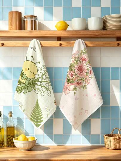 2pcs Kitchen Absorbent Towels, Made Of Polyester Material, Printed With Bee And Sunflower Pattern, Suitable For Kitchen, Bathroom, Ideal Choice For Housewives And Family Gatherings, High Cost-Effective Home Decor, Autumn Decoration And Room Decoration