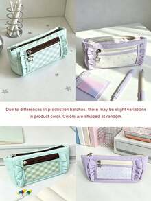 1pc/5pcs Cute Plaid Ruffle Pencil Case, Star Pendant Double Zipper Stationery Storage Bag, Large Capacity Transparent Window Pencil Pouch, Suitable For Back To School, Holiday, Travel, Soft Fabric Portable Makeup Organizer, Student Gift,Back To School - Multiple Styles - View 4