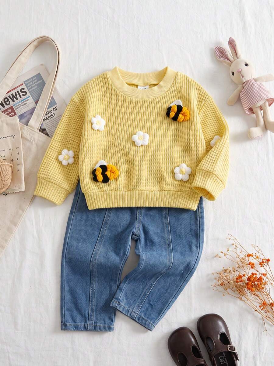 Bộ 2 món cho bé gái màu kem dệt waffle, áo tay dài cổ tròn họa tiết ong 3D và hoa trắng, quần denim phối màu ống đứng mềm washed, trang phục thường ngày - Màu vàng - Xem 1