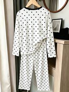 Setelan 2 Potong untuk Remaja Perempuan: Atasan Lengan Panjang Leher Bulat Motif Polkadot dan Celana Panjang Lurus Elastis dengan Garis Samping, Gaya Musim Semi/Gugur - Putih - View 3