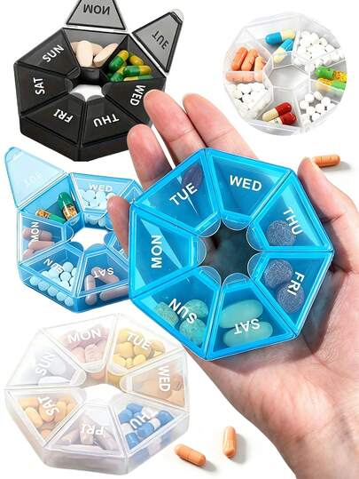 1/3 Pack 7-Day Pill Box, Portable Hexagonal 7-Compartment Travel Pill Box, Transparent Vitamin Pill Box, Suitable For Tablets And Supplements, Waterproof Daily Pill Dispenser, Suitable For Travel, Office, Dorm, Multiple Colors Available