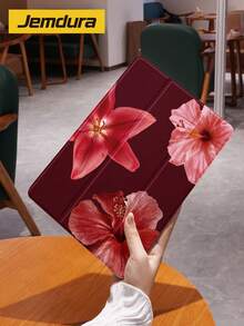 Jemdura 紅色 3 朵扶桑花圖案平板保護殼，相容 iPad 10.2/10.5 吋、第 10/11 代 (A16)、Mini 6/7 8.3 吋、Air 5/6/7 10.9 吋/11 (M2/M3)，附筆槽收納，三折翻蓋保護殼，多角度折疊，支援睡眠/喚醒功能 - 彩色 - 查看 2
