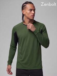 Zenbolt Men's Colorblock Raglan Sleeve Slim Fit Sports T-Shirt, Long Sleeve Crew Neck Workout Athletic Top,For Training Outdoor Sports Wear - Army Green - View 4