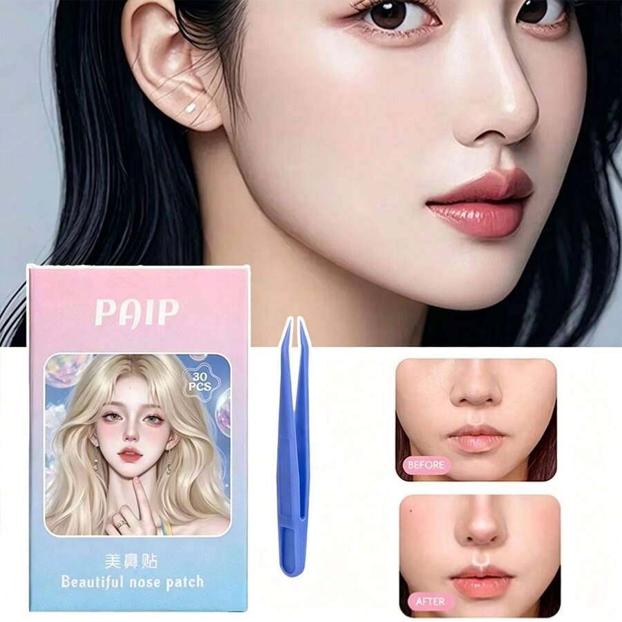 1 Set 30pcs Transparent PE Breathable Nose Strips With Tweezers, Nose Wing Contouring Patches For Cosplay Special Nose Shrinkage (Random Tweezers Color) - Multicolor - View 1