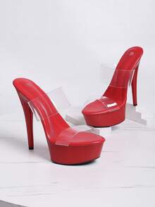 Sapatos de Salto Alto 2026 com Tira Transparente, Cor Sólida, Estilo Boate, PVC (Cloreto de Polivinila), Fivela com Strass, Festa, Verão - Vermelho - Visão 3