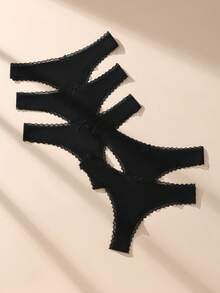5pcs Black Plus Size Lace Patchwork Bow Sexy Ribbed Cotton Women's Thongs - Black - View 2