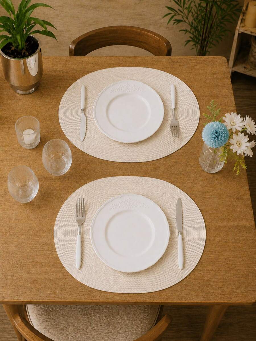 45*30cm 象牙白橢圓塑膠編織餐墊，4.72英吋杯墊，易清潔、防滑、耐熱，裝飾墊，抗皺，適用於派對、婚禮、喬遷、聖誕節、萬聖節、感恩節、母親節