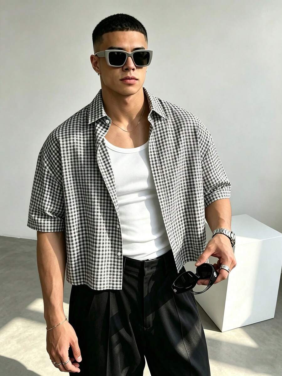 WAIT HIM 男士休闲短袖格子衬衫