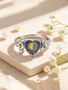 Celestial Sun Moon Face Heart Women's Ring, Vintage Crescent Moon Zirconia Promise Ring, Mysterious Astrology Jewelry Gift - Silver - View 8