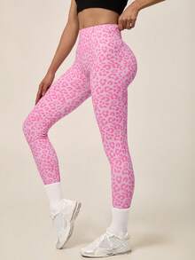 NcmRyu 1pc Women's Fashionable Elastic Contrast Color Leopard Print Ribbed Waist Sport Leggings - Pink - View 7