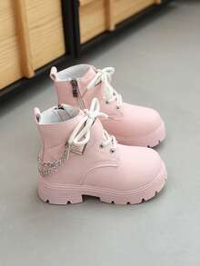 New Round Toe Children's Boots, Casual Retro Flat Ankle Boots For Girls, Non-Slip Wear-Resistant Big Kids Shoes, Punk Boots For Female Students - Pink - View 5