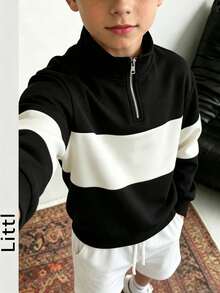 Boys Color Block Half Zip Stand Collar Sweatshirt, Casual Long Sleeve Pullover For Fall Winter Kids Sports Tops - Black - View 6