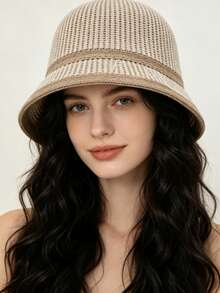 Women's Colorblock Striped Knit Bucket Hat, Black & Beige Breathable Lightweight Fishing Hat, Suitable For Travel, Beach, Spring, Autumn, Summer Daily Wear - Black and White Checkered Bucket Hat - View 5