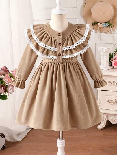 Young Girl Sweet Style Corduroy Dress, Round Neck, Multi-Layer Ruffle Collar With White Lace Trim, 3 Brown Buttons On Front Center, Cinched Waist, Flare Sleeves