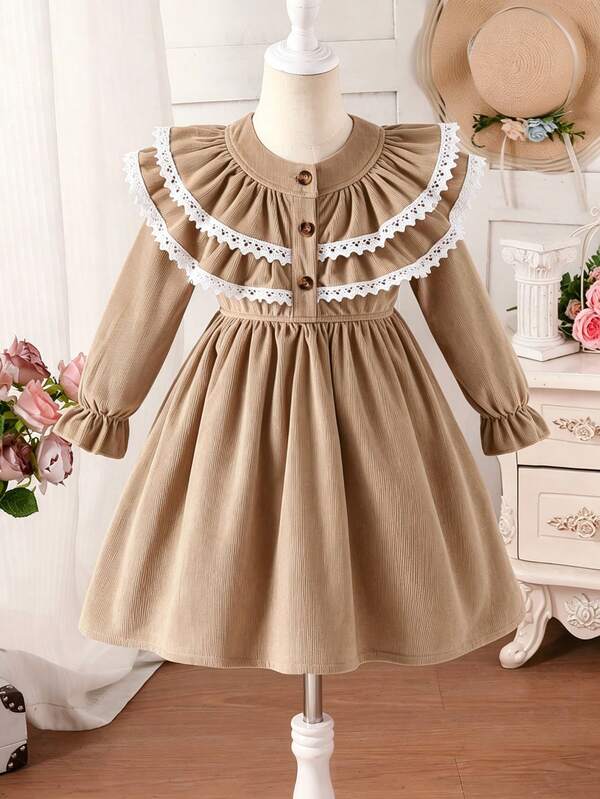 Young Girl Sweet Style Corduroy Dress, Round Neck, Multi-Layer Ruffle Collar With White Lace Trim, 3 Brown Buttons On Front Center, Cinched Waist, Flare Sleeves