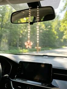 1pc Pearl Chain Alloy Cherry Blossom Car Rearview Mirror Pendant, Rhinestone Cross Car Hanging Ornament, Flower Rhinestone Cross Car Pendant, Universal Car Rearview Mirror Interior Decoration Accessory - Flower Cross - View 4