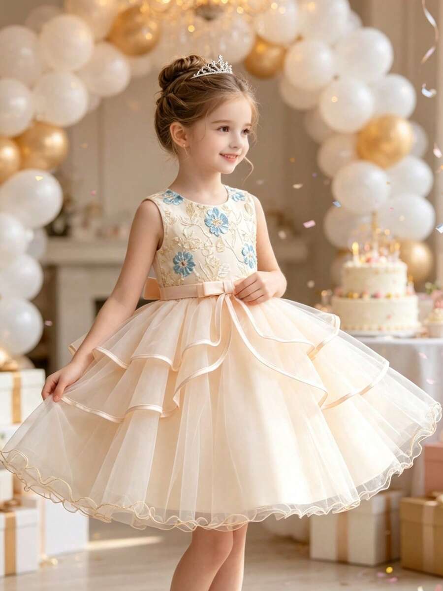 Young Girl Embroidered Puff Princess Dress, Girls Dress For Wedding Flower Girl, Birthday Party, Holiday, Performance, Little Formal Dress - Champagne - View 1