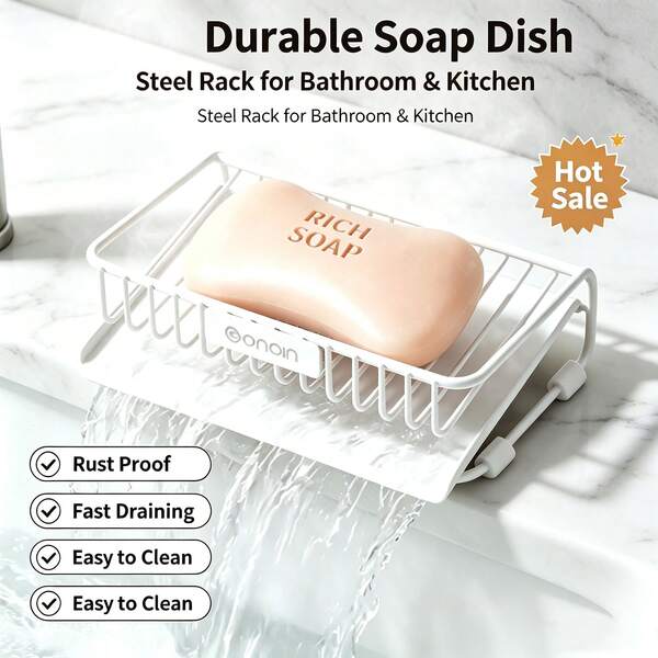 Heavy Duty Iron Soap Holder, Countertop Standing Slanted Design With Water Tray, Drill-Free Hollow Quick-Dry Soap Rack, Rust-Proof Soap Box For Kitchen And Bathroom, Suitable For Soap And Laundry Soap