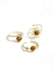 3 piezas de anillos vintage de piedra de ojo de tigre falso Maillard, anillos abiertos con sol, estrella, gota de agua y strass, joyería apilable para mujer para uso diario - Dorado - Ver 5