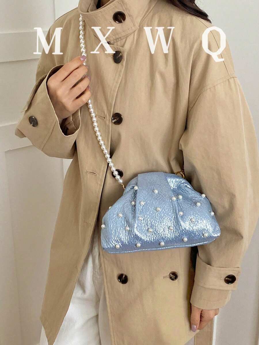 新款復古風布料珍珠鏈條扣女款手提包，優雅百搭斜挎包