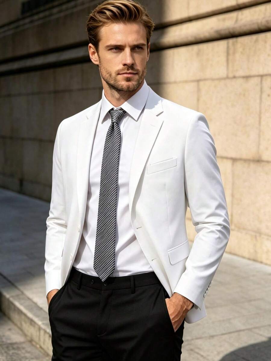 Men's Regular Fit Lightweight Single-Breasted 1pc Suit Jacket, Classic Business Separates Style, Suitable For Daily Work, Office, Wedding And More Occasions - White - View 1