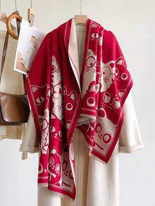 1pc Multi‑Cat Character Motif Stripe Border 65*185cm Rectangle Scarf, Thick Faux Cashmere Brushed Polyester Winter Shawl For Travel Party Daily Outing - Multicolor - View 9