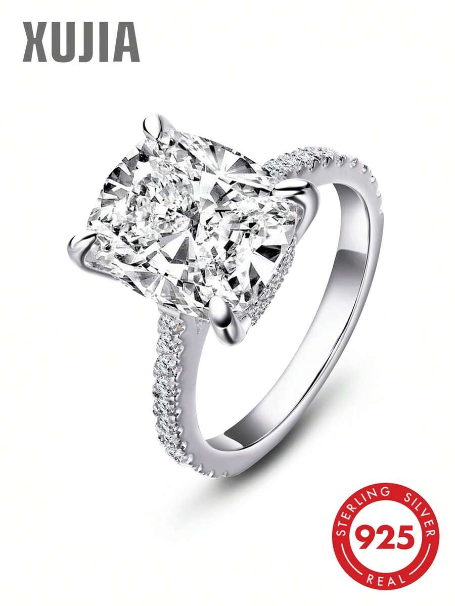 XUJIA 1pc 6 Carat Cushion Cut Engagement Ring For Women, 12x10mm Cushion Cut Luxury 5A Grade Cubic Zirconia CZ Ring, 925 Sterling Silver Halo Stunning Promise Wedding Band