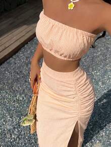 Women's Sexy Casual Cute Striped Strapless Ruched Slit Two Pieces Outfit Summer Elegant - Orange - View 1