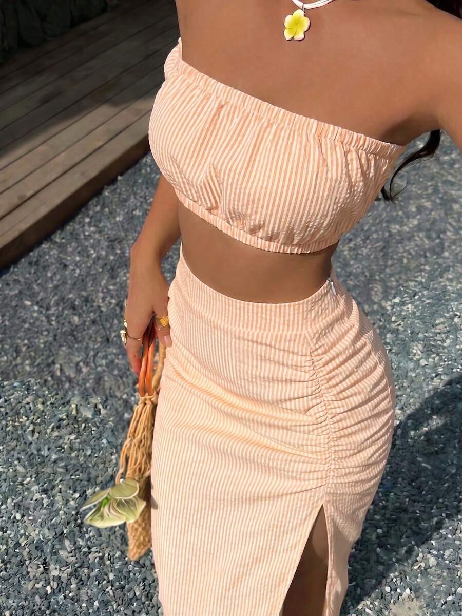 Women's Sexy Casual Cute Striped Strapless Ruched Slit Two Pieces Outfit Summer Elegant - Orange - View 1