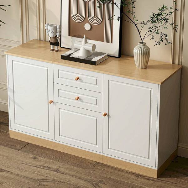 Dressoir, drie deuren, dubbele laden, geschikt voor woon- en eetkamer, multifunctioneel opbergmeubel.