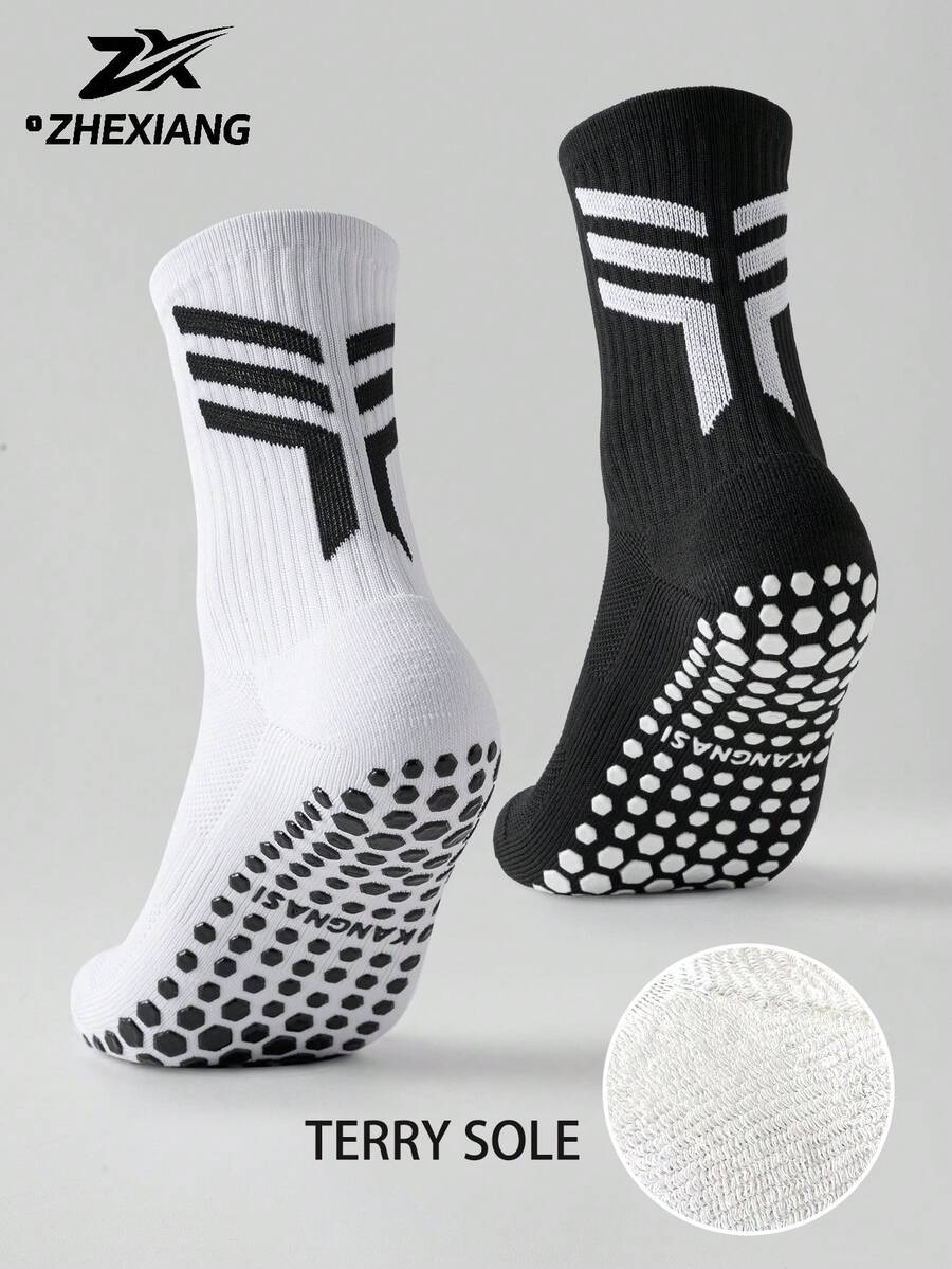 1/3/6 Pairs Men's Mid-Calf Silicone Non-Slip Breathable Comfortable Sports Socks Suitable For Basketball, Football, Running - Black and White - View 1