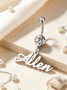 Customized Stainless Steel Name Navel Ring For Women, Crystal Round Pendant Belly Button Ring, Y2K 2000s Vintage Simple Style, Personalized Unique Gif - Silver - View 2