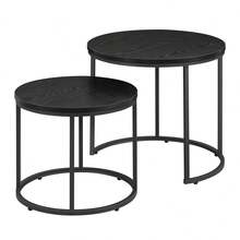 Aseto Nest Of 2 Coffee Tables Set Round Side Nesting Table Wood Small & Large End Accent Desk Nightstand Bedside Cabinet Unit Board For Living Room Bedroom Home Office Furniture Decor Modern Stackable Dual Countertop Multi Color Wooden Legs - Black - View 4