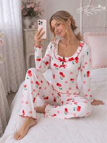 2pcs Women Casual Cherry Print Ruffle Trim Long Sleeve Square Neck Loungewear Set, Autumn - White - View 4