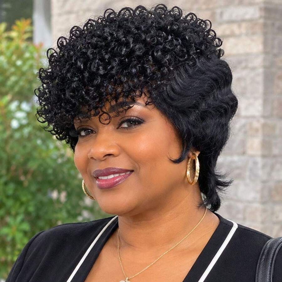 AMECIRE Curly Wig Women's Short-Hair Wig Pixie Cut Wig Human Hair Wig Fashionable Styling Wig With Bangs Human Affordable Wear & Go Wig Suitable For Everyday Wear