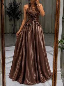 ALIAO Summer Solid Color Halter Neck Bodycon Dress, Elegant Women's Daily Wear, Commute And Date Outfit Wedding - Brown - View 7