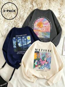 3pcs - Sweatshirt Kasual Wanita Terbaru dengan Kerah Bulat dan Hem Rajut Bergaris, Menampilkan Desain Cetak Gaya Kampus, Memancarkan Vitalitas Muda. - MultiWarna - View 1