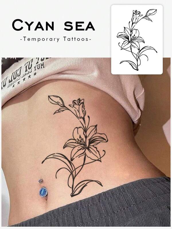 1pc Simple Single Line Drawing Lily Bud Vine Pattern Temporary Tattoo Sticker, Realistic Fake Tattoo Design, Suitable For Daily Use, Bachelorette Party Favors, Music Festivals, Cosplay, Graduation Gifts, Lasts 3-5 Days
