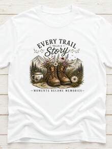 Wander-T-Shirt mit Wanderstiefel- und Wildblumenmuster, Berg- und Camping-Motiv, Unisex-Outdoor-Oberteil mit Rundhalsausschnitt, Geschenkidee für Naturliebhaber, Lieferung vor Ort. - Weiss - Übersicht 5
