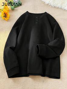 1pc Black Waffle Knit Men's Long Sleeve Polo Shirt, Henley Collar Half-Button Design, Men's POLO Shirt, Men's T-Shirt, Solid Color Loose Ribbed Cuff Long Sleeve Top, Breathable Textured Fabric, Men's Casual Pullover, Old Money Style, Gentleman Elegant Men's Top - Black - View 7