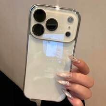 奢華電鍍亮面手機殼，適用於 iPhone 17 Pro Max 16 15 14 13 12 11 Pro Max，極簡純色玻璃感鏡頭保護防震硬殼後蓋 - 白色 - 查看 15