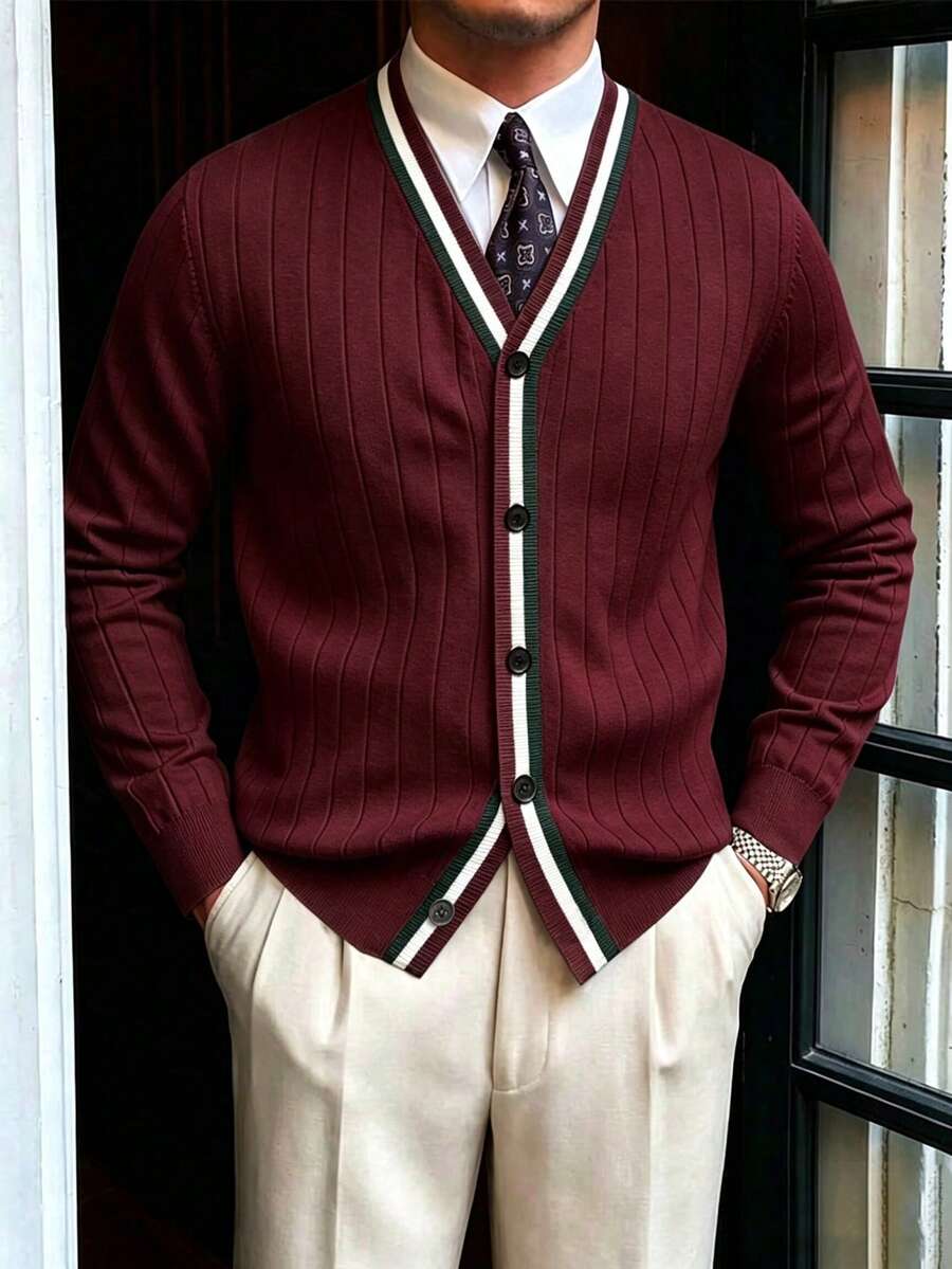 男士復古老錢風通勤開襟衫,適合秋冬穿著,可搭配西裝襯衫 - 酒紅色 - 查看 1