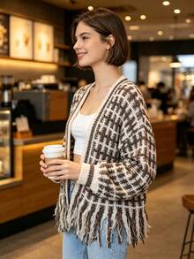 Fall Winter New Arrival Shopping Party Thick Knit Texture Retro Style Tassel Hem V‑Neck Knit Outerwear - Multicolor - View 10