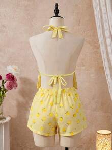 Women's 2-Piece Loungewear Pajama Set, Bright Yellow Striped Lemon Print, Halter Neck Tie Top And Elastic Waist Drawstring Shorts, Fresh And Fun, Suitable For Spring/Summer Home Leisure And Casual Outings - Yellow - View 2