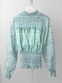 French Style Round Neck Chiffon Long Sleeve Blouse Women Spring Autumn Sweet Elegant Ruched Waist Top - Green - View 7