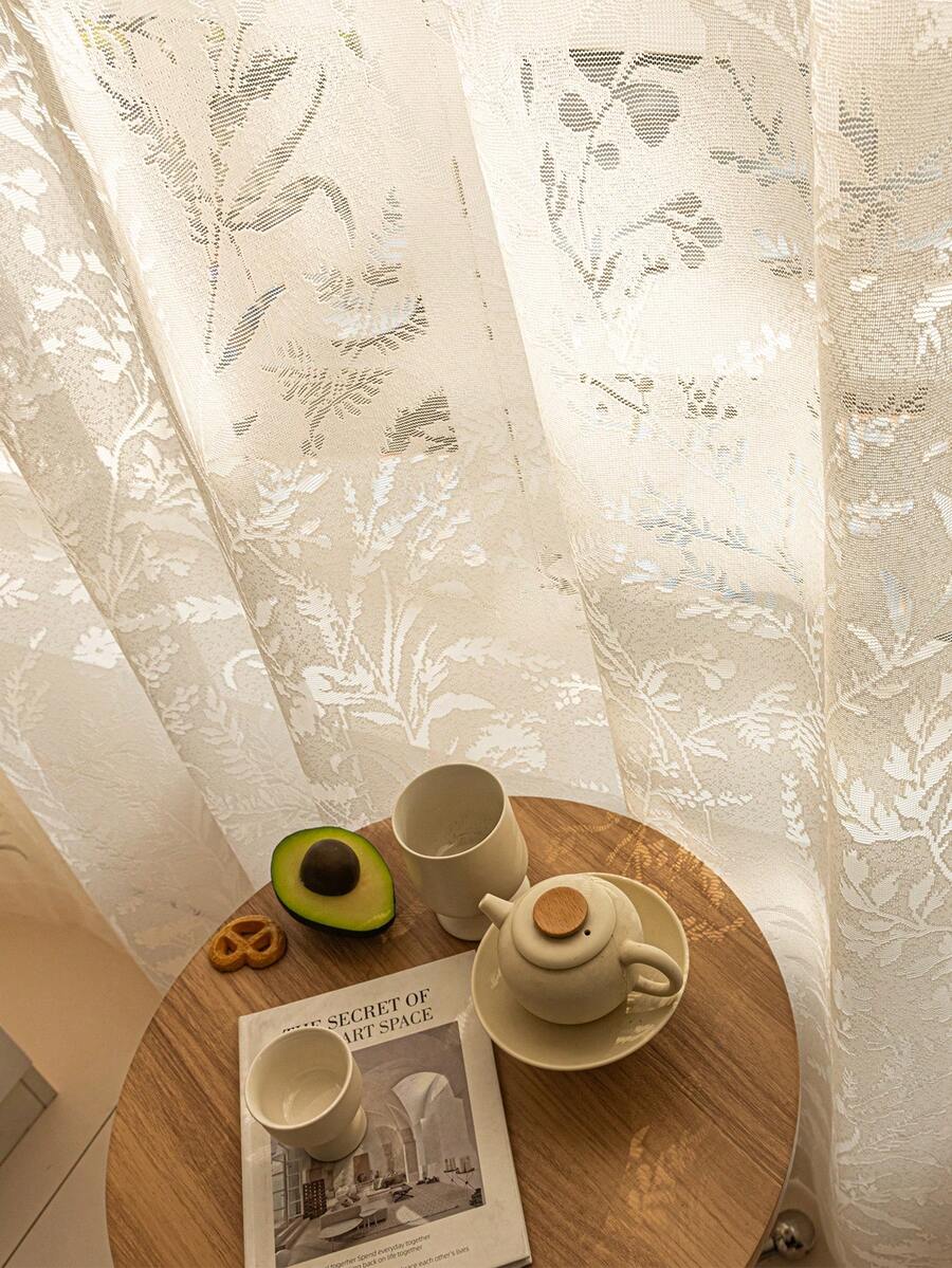 2pcs Luxury Linen Knit With Beautiful Lace Curtains, Vine Pattern. Top Rod Pocket Design, High-End Farmhouse Curtains Suitable For Living Room, Bedroom And Dining Room Decoration - Beige - View 1