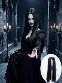 Wig Panjang Lurus Halus dengan Belahan Tengah Warna Gelap, Potongan Rambut Panjang Lurus Gaya Gotik, Kostum Cosplay Karakter Pesta Rumah Hantu Halloween, Hiasan Kepala untuk Menata Suasana Keren - Hitam - View 1